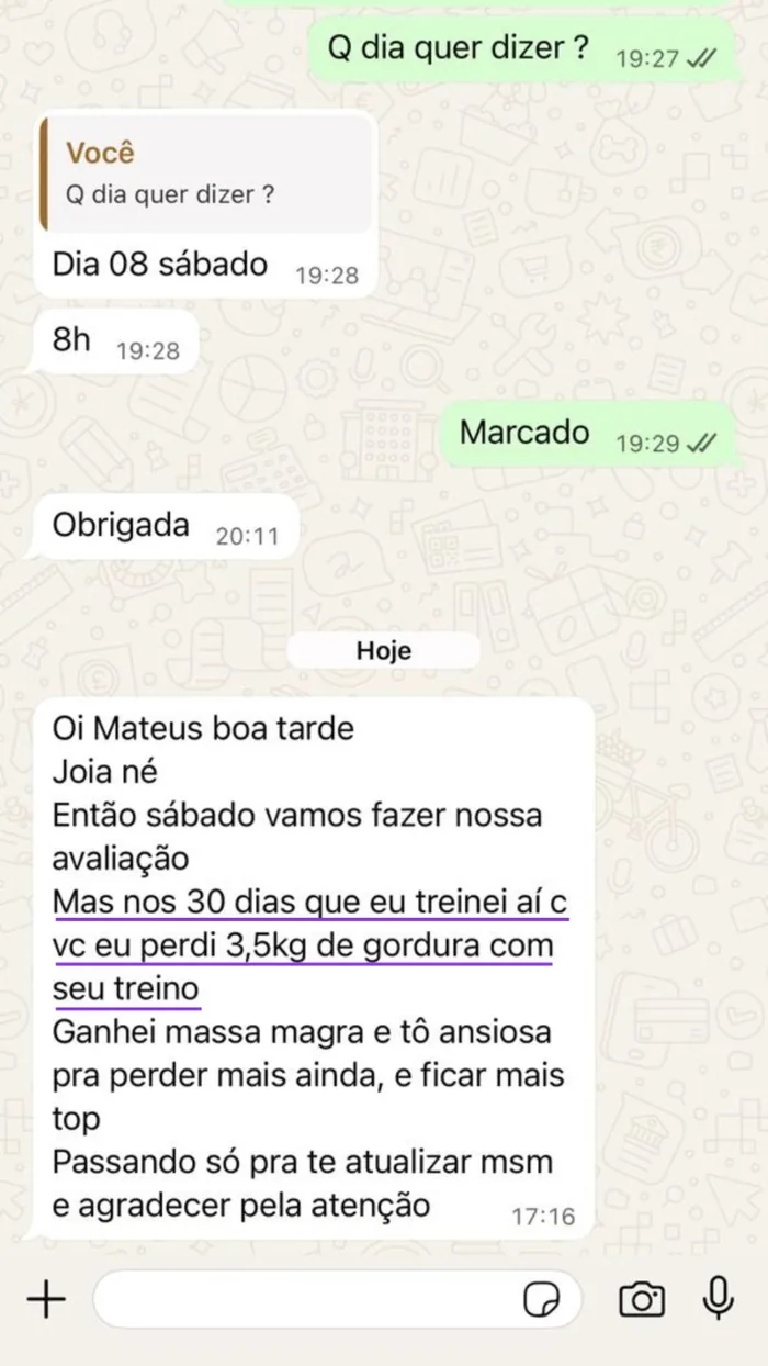 Print de WhatsApp de aluna do Mateus